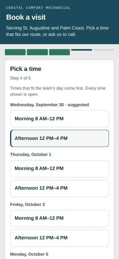 Step 4 of 5 on a phone: Pick a time, with open Morning and Afternoon windows by day and one window selected; times that fit the team’s day come first.