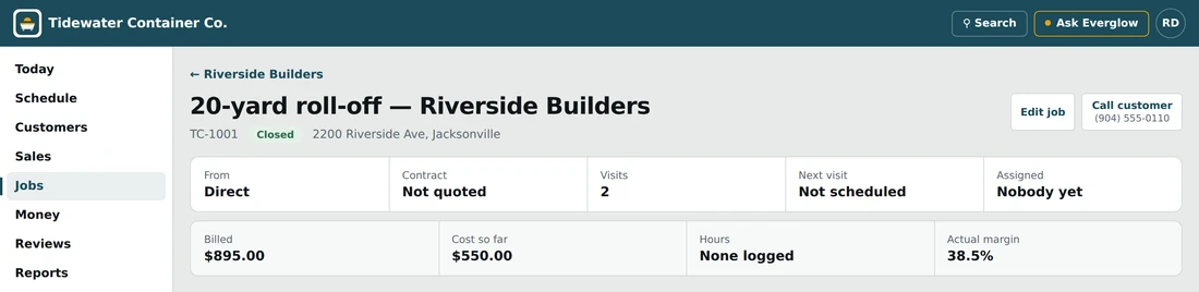 The job header for TC-1001: billed $895.00, cost so far $550.00, actual margin 38.5%.