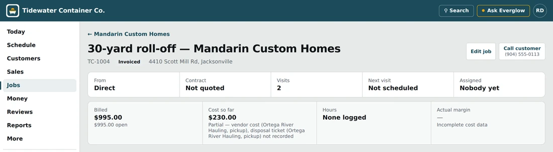 The job header for TC-1004: cost so far partial, with the hauler's cost for the pickup and its disposal ticket listed as not recorded, and the actual margin shown as a dash, incomplete cost data.
