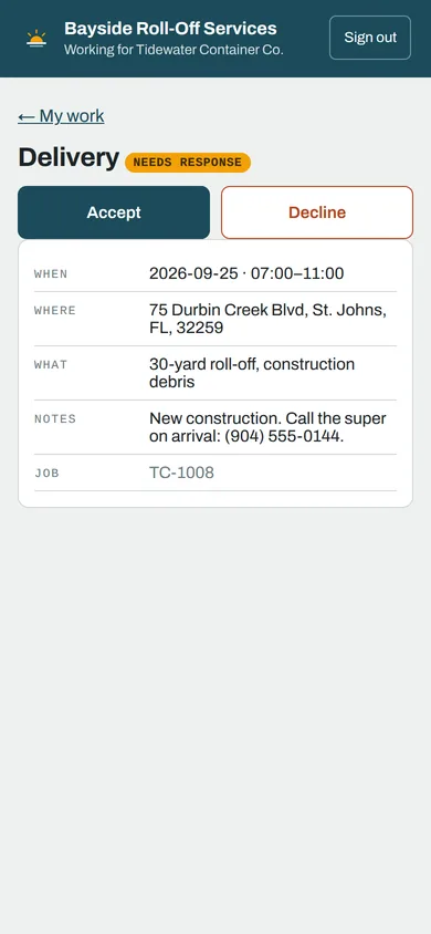 A delivery assignment on the hauler portal: Accept and Decline first, then when, where, the box, the office's instructions and the site access notes.