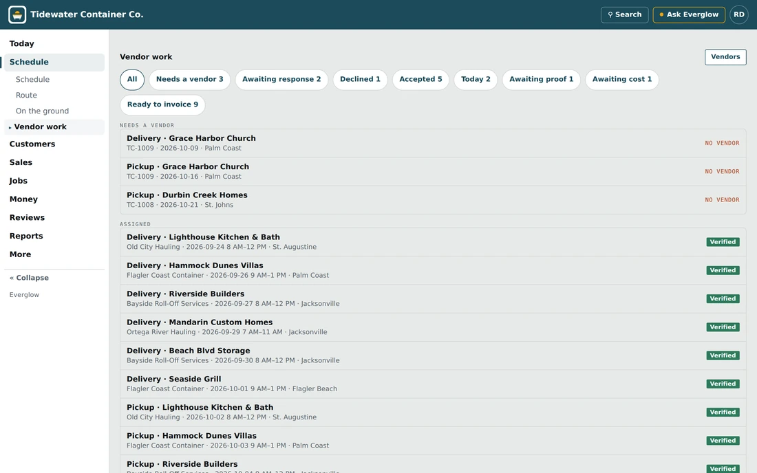 Vendor work for a demo container broker: legs that need a vendor, legs awaiting a response, and accepted, verified and ready-to-invoice legs.