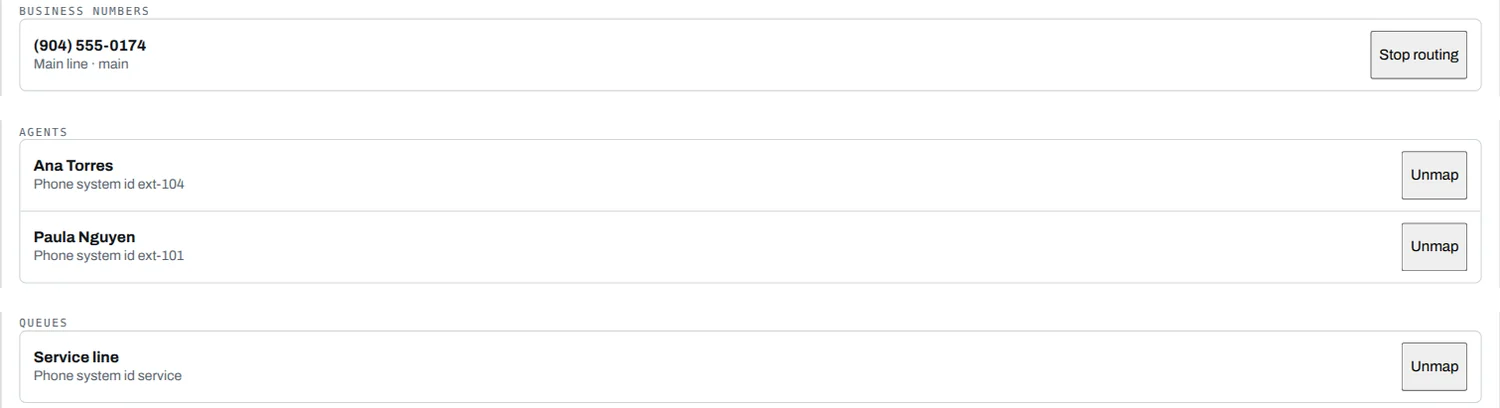 Settings, Phone integrations: the main line as a business number, two team members mapped to their phone system extensions, and a Service line queue.