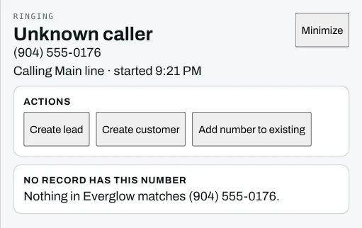 An incoming call from a number Everglow does not know: the caller panel offers Create lead, Create customer and Add number to existing.