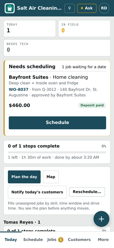 The board of Salt Air Cleaning Co., a demo company, on a phone.