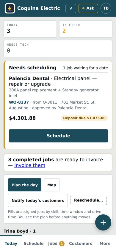 The board of Coquina Electric, a demo company, on a phone.
