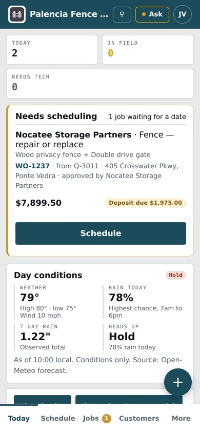 The board of Palencia Fence & Gate, a demo company, on a phone.