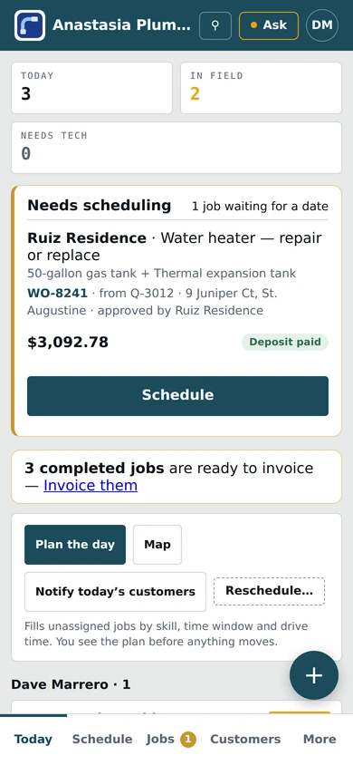The board of Anastasia Plumbing, a demo company, on a phone.