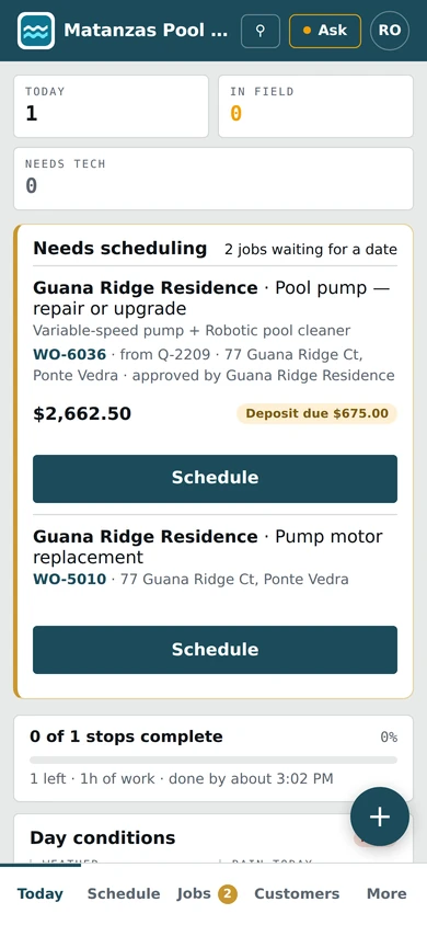 The board of Matanzas Pool Care, a demo company, on a phone.