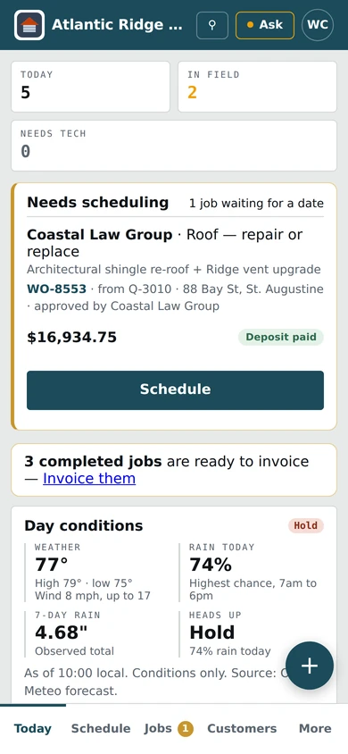 The board of Atlantic Ridge Roofing, a demo company, on a phone.