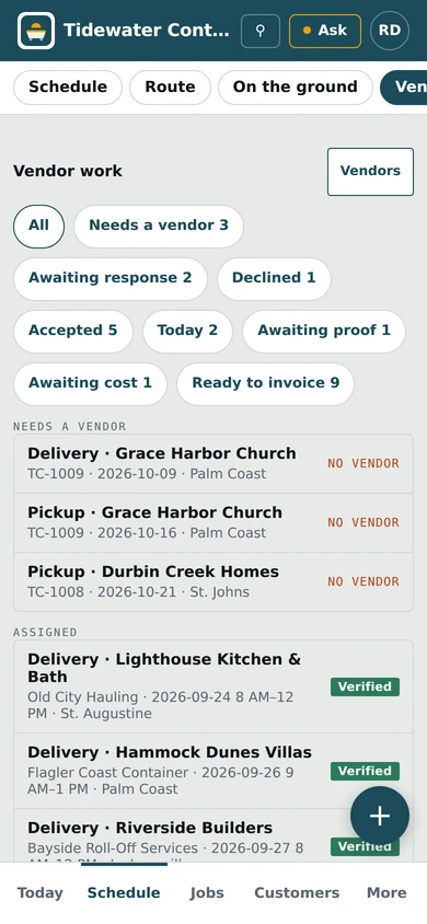 Vendor work for Tidewater Container Co., a demo broker, on a phone.