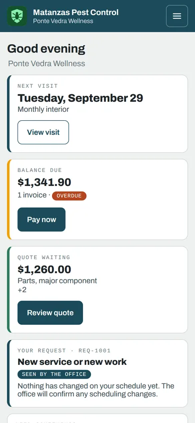 The Customer Hub on a phone for a fictional customer: upcoming visits, quotes to review and invoices to pay.