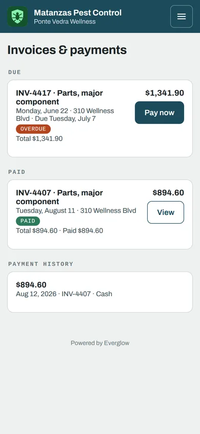 Invoices and payments in the customer portal: an overdue invoice with Pay now, a paid invoice, and payment history.