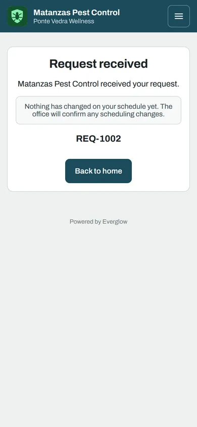 The confirmation after sending a request: Request received, a note that nothing has changed on the schedule yet and the office will confirm, and the request number.