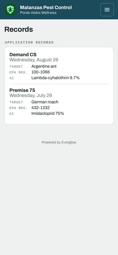 Application records in the customer portal: the product, date, target pest, EPA registration number and active ingredient for each treatment.