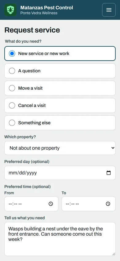 Request service in the customer portal: a choice between new service, a question, moving a visit, canceling a visit or something else, then the property, a preferred day and time, and a description.