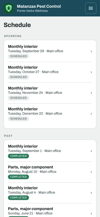 The schedule in the customer portal: upcoming visits with dates, the property, and a Scheduled status, then past visits marked Completed.