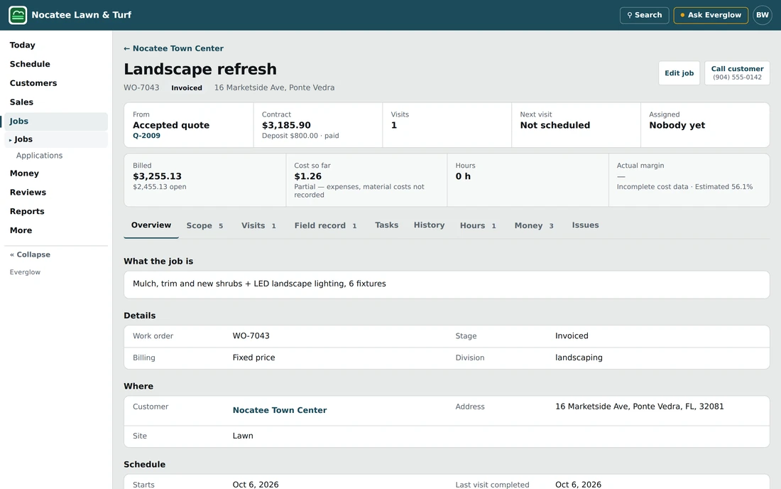 A job record for a fictional landscaping customer: the accepted quote it came from, contract and deposit, what has been billed and what is open, cost so far and margin, with tabs for scope, visits, field record, tasks, history, hours and money.