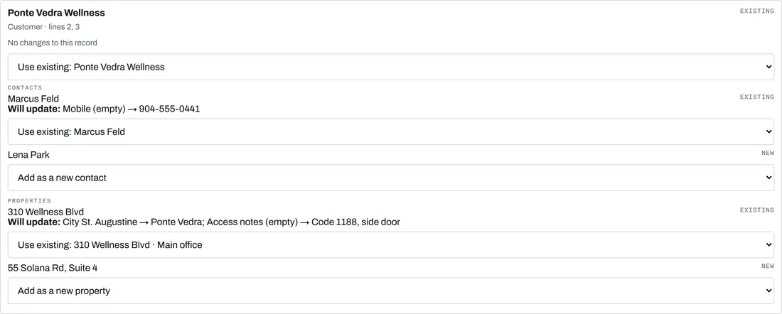 An import preview for a fictional customer: an existing customer matched, one contact updated and one added, one property updated and one added — each change shown before it is applied.