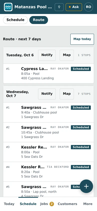 A demo pool company’s route on a phone: the next seven days of stops, in order.