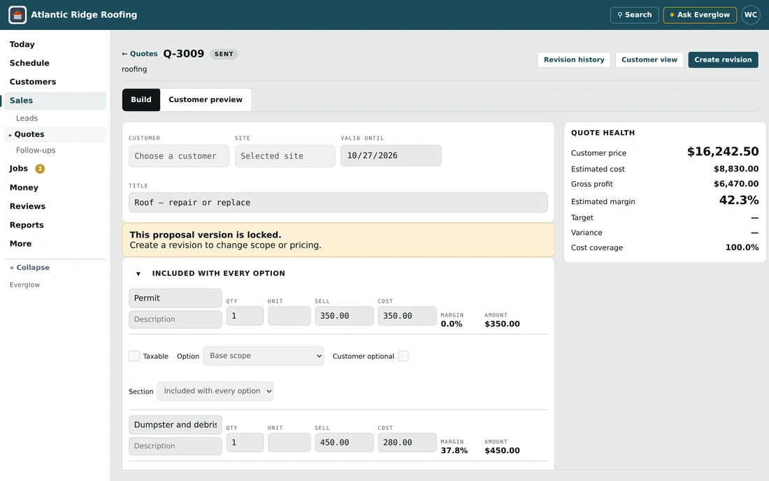 The quote workspace for a demo roofing company: quote Q-3009 for $16,242.50, sent and waiting on the customer.