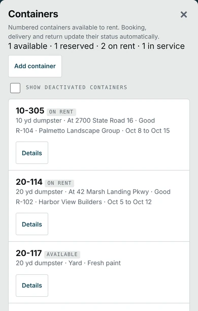 The Containers screen on a phone: 1 available, 1 reserved, 2 on rent and 1 in service, each numbered box with its size, location and current rental.