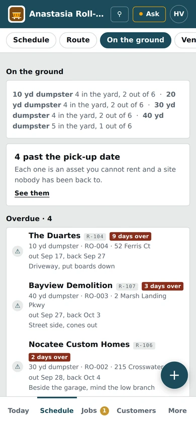 On the ground for Anastasia Roll-Off, a demo company, on a phone: boxes of each size in the yard and out, and rentals past their pick-up date.