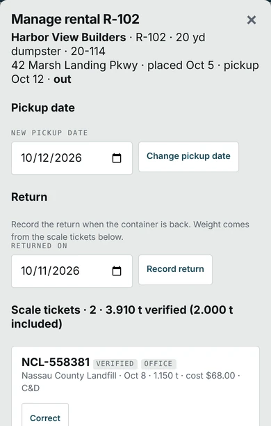 A rental on a phone: pickup date, return, and its verified scale tickets.