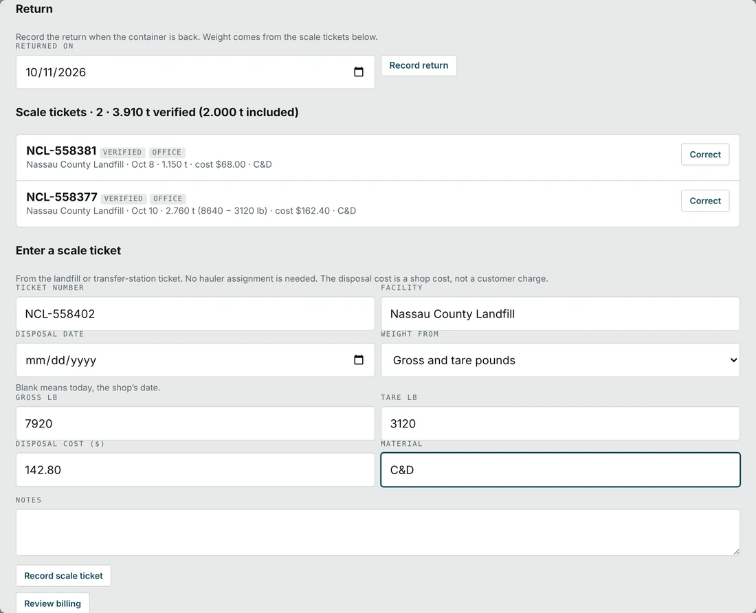 Rental R-102 for a fictional builder: the return recorded, two verified county landfill tickets totaling 3.910 tons against 2.000 included, and a third ticket being entered as gross and tare pounds with its disposal cost and material.