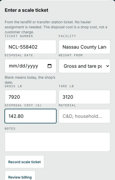 The same scale-ticket form on a phone.